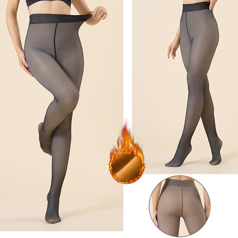 QPK Women Winter ONE LINED Tights Fake Fleece Tights  Fleece lined Leggings Fake Transparent Thermal Pantyhose Elastic Skinny Pants